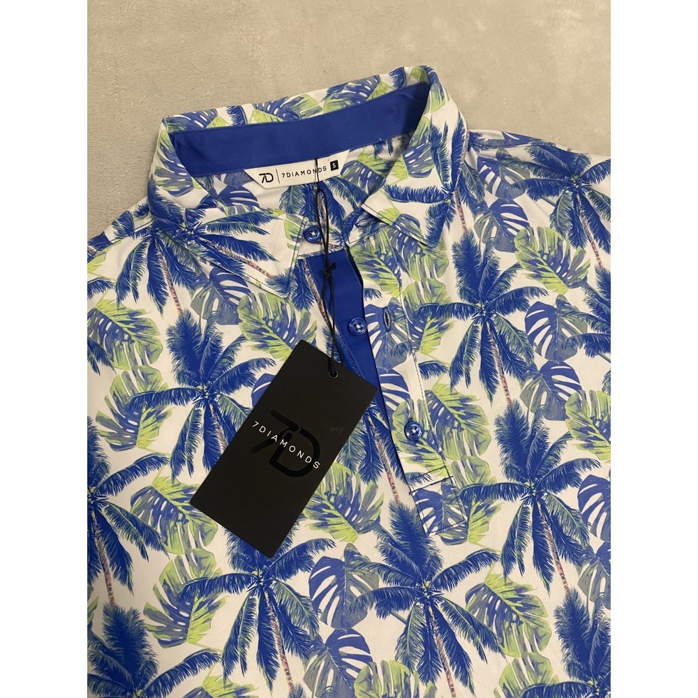 7 Diamonds 4-Way Polo Shirt Mens S Multicolor Palm Tree Stretch Side‎ Slit Golf